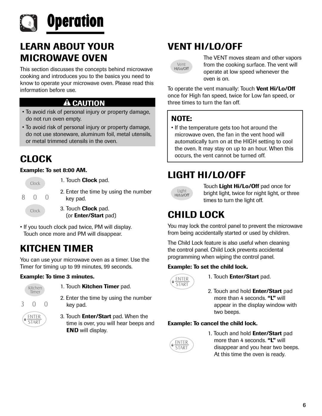 Maytag MMV1153AA Operation, Learn About Your Microwave Oven, Clock, Kitchen Timer, Vent Hi/Lo/Off, Light Hi/Lo/Off 