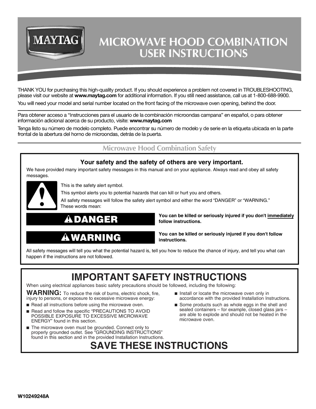 Maytag W10249362A, MMV1164WS important safety instructions Microwave Hood Combination Safety, W10249248A 