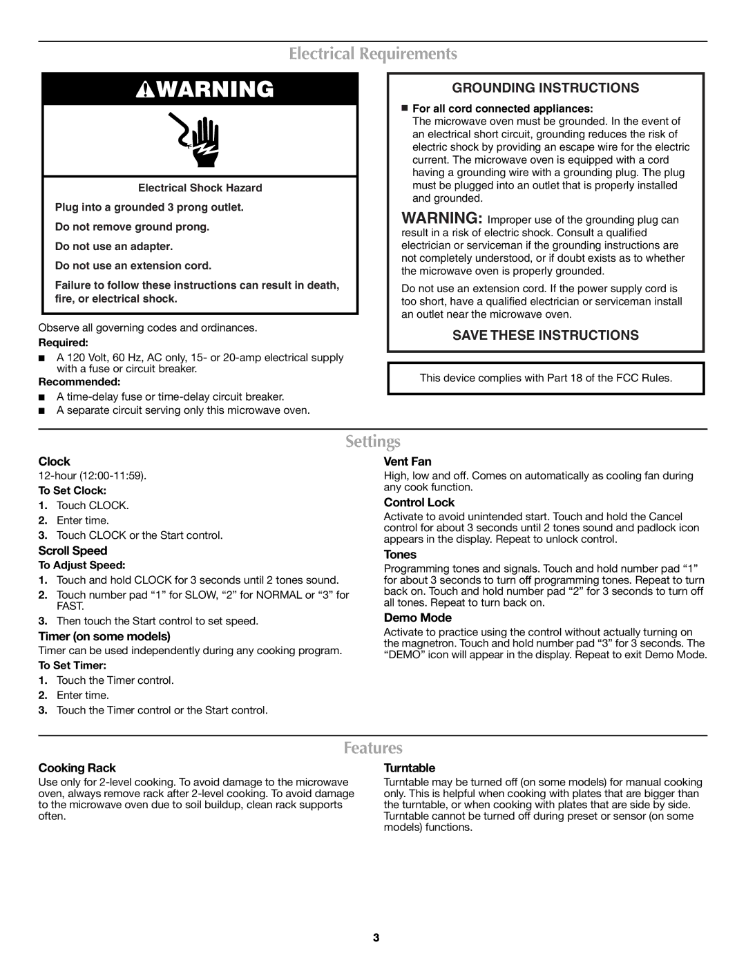 Maytag MMV1164WS, W10249362A, W10249248A important safety instructions Electrical Requirements, Settings, Features 