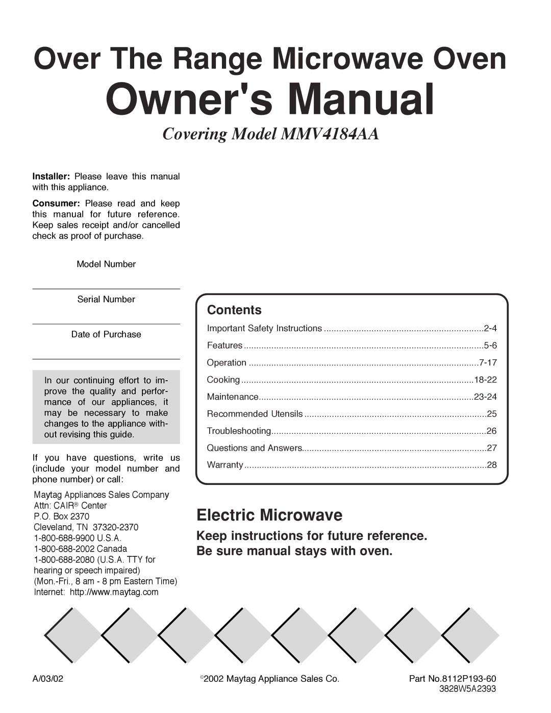 Maytag MMV4184AA owner manual Over The Range Microwave Oven, Contents 