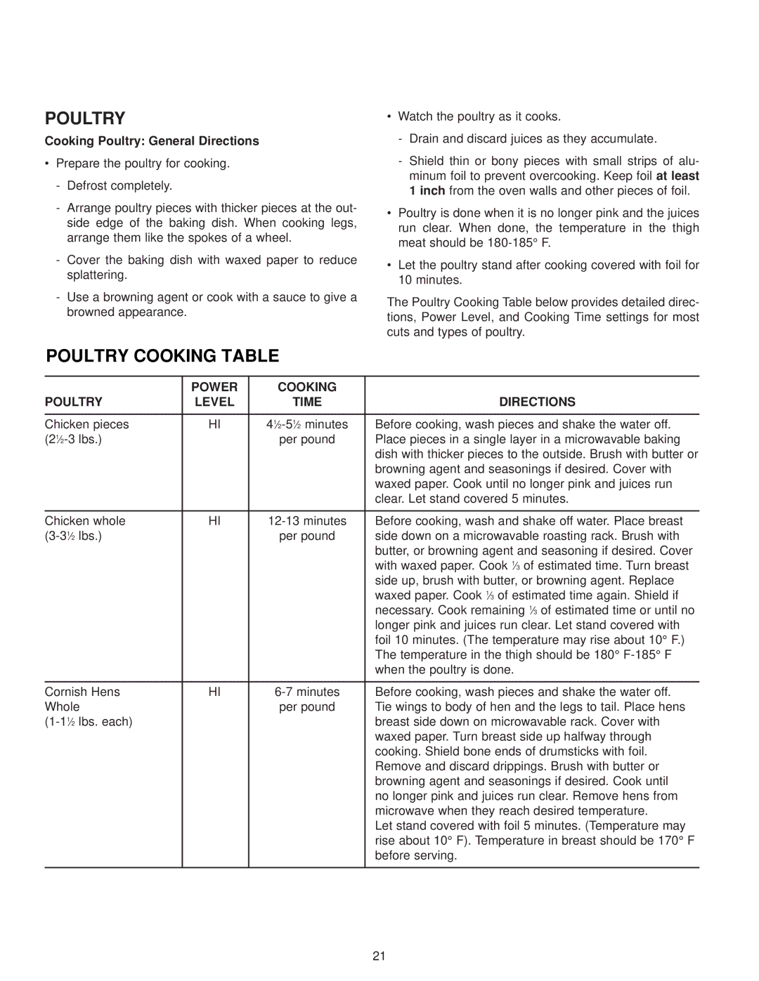 Maytag MMV4184AA owner manual Poultry Cooking Table, Cooking Poultry General Directions 