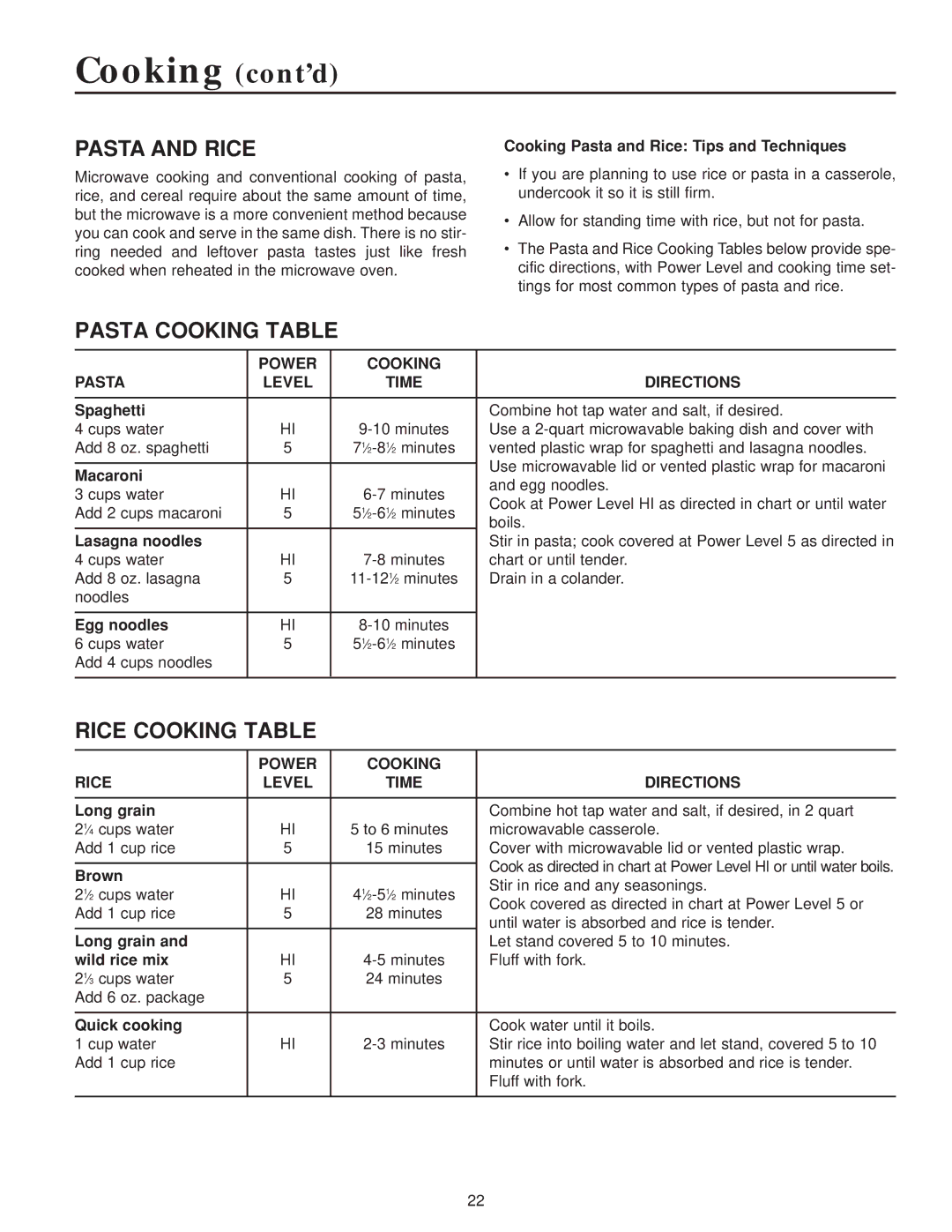 Maytag MMV4184AA Pasta and Rice, Pasta Cooking Table, Rice Cooking Table, Power Cooking Pasta Level Time Directions 