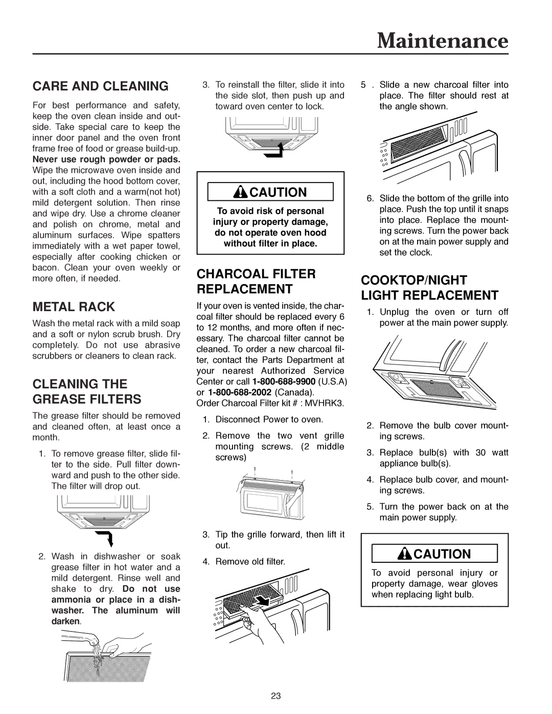 Maytag MMV4184AA owner manual Care and Cleaning, Metal Rack, Cleaning Grease Filters, Charcoal Filter Replacement 