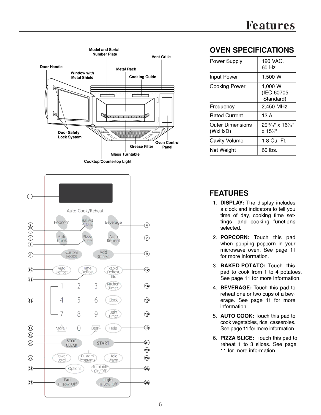 Maytag MMV4184AA owner manual Features, Oven Specifications 