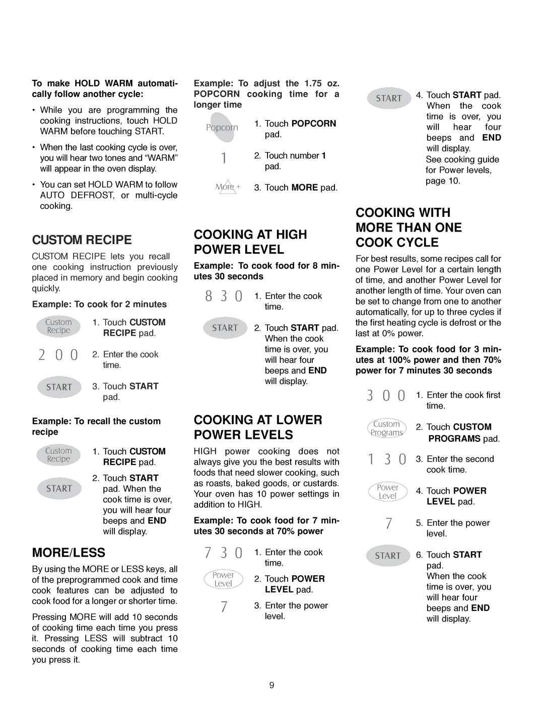 Maytag MMV4184AA owner manual Custom Recipe, More/Less, Cooking AT High Power Level, Cooking AT Lower Power Levels 