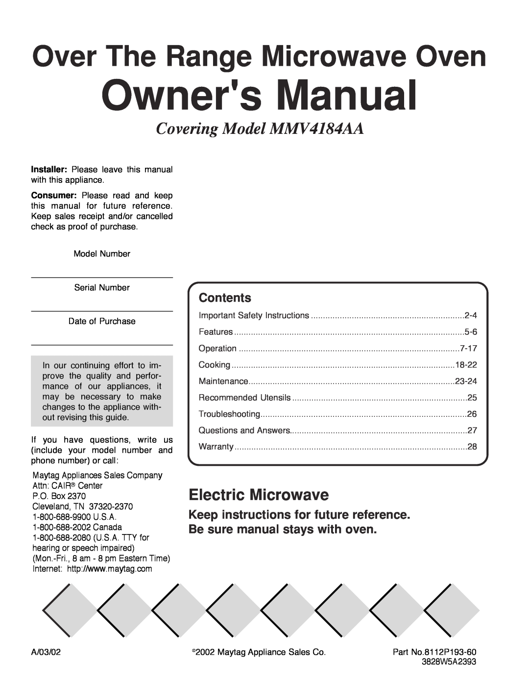 Maytag owner manual Contents, Over The Range Microwave Oven, Covering Model MMV4184AA, Electric Microwave 