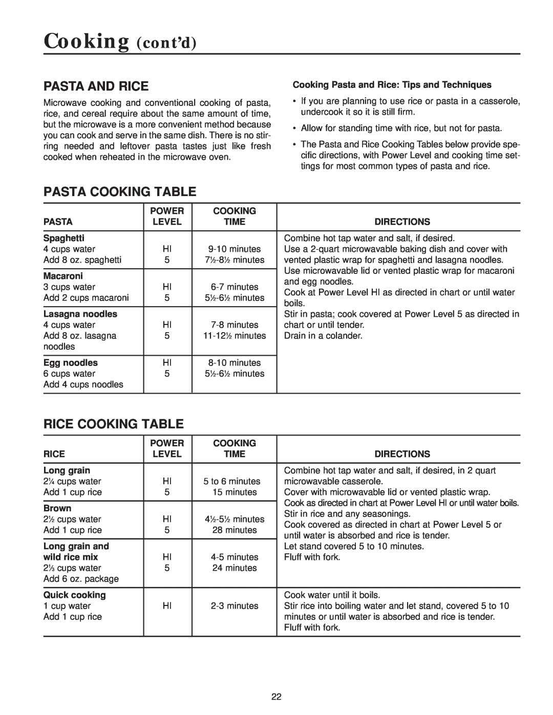 Maytag MMV4184AA owner manual Pasta And Rice, Pasta Cooking Table, Rice Cooking Table, Cooking cont’d 
