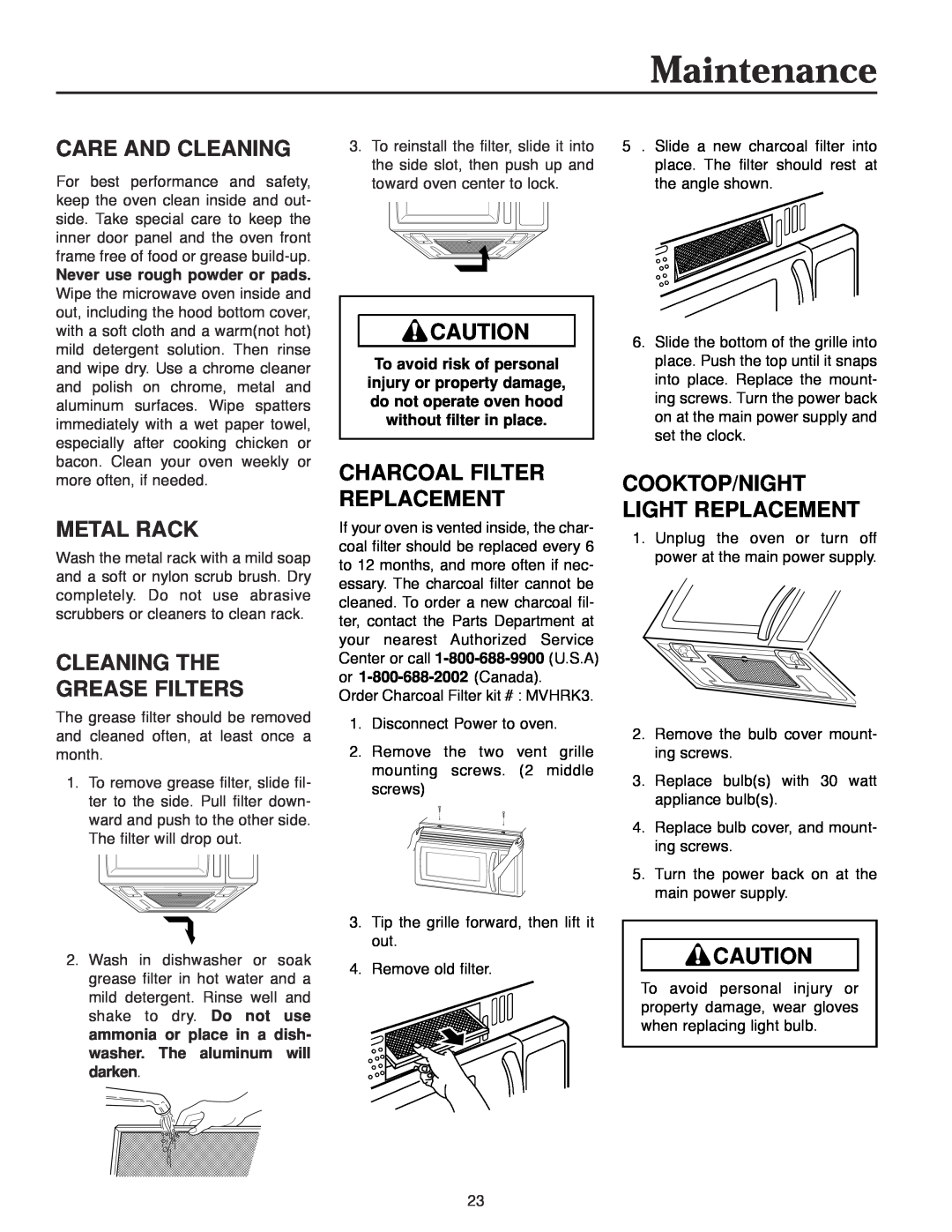 Maytag MMV4184AA owner manual Care And Cleaning, Metal Rack, Cleaning The Grease Filters, Charcoal Filter Replacement 