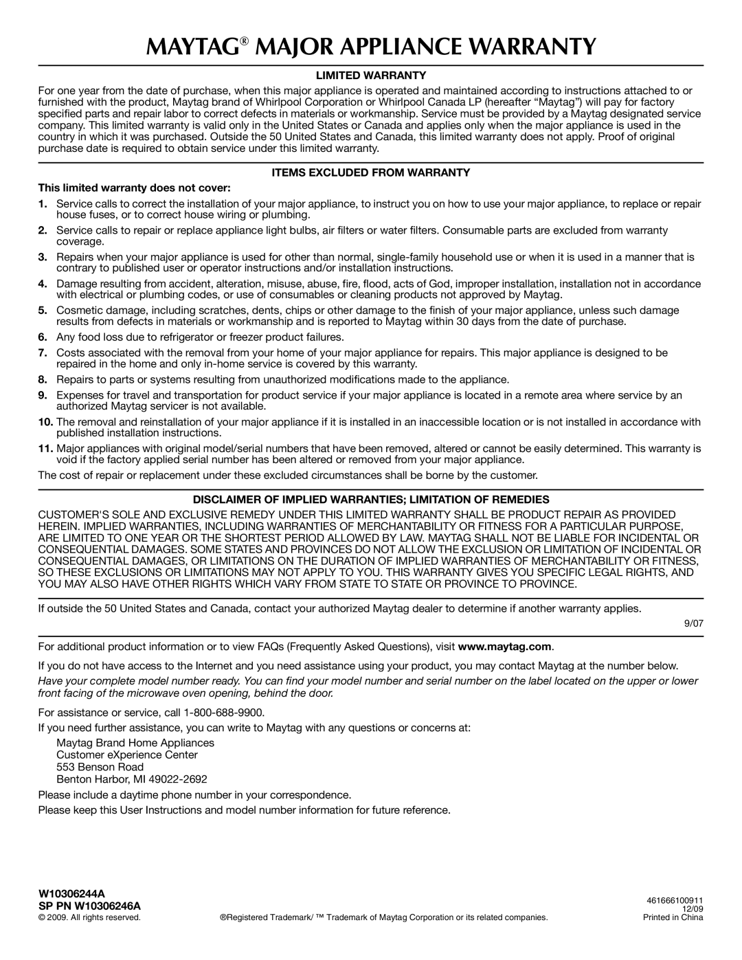 Maytag MMV4203WS important safety instructions This limited warranty does not cover, W10306244A, SP PN W10306246A 