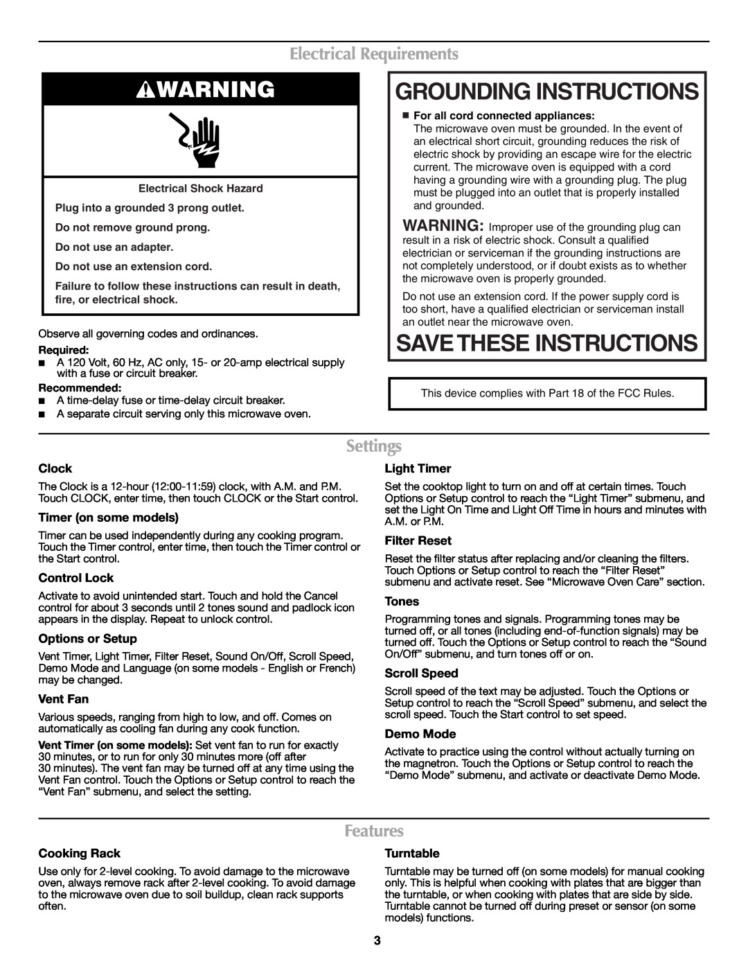 Maytag MMV4203WS Grounding Instructions, Electrical Requirements, Settings, Features, Clock, Timer on some models, Tones 