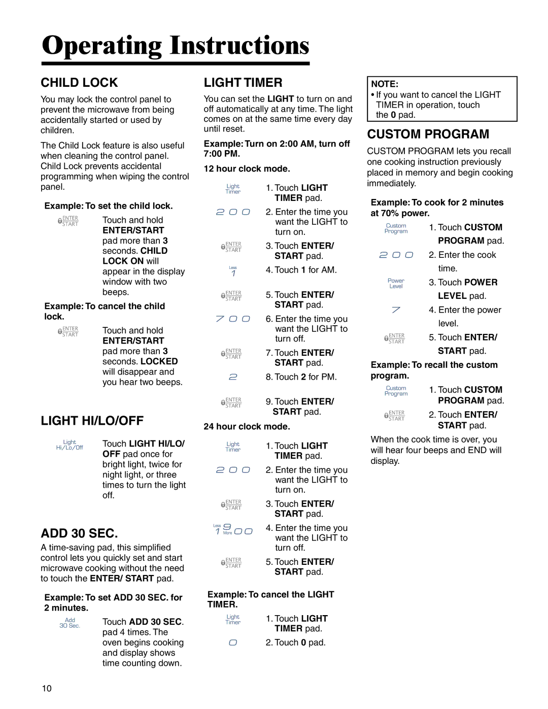 Maytag MMV4205BA important safety instructions Child Lock, Light HI/LO/OFF, ADD 30 SEC, Light Timer, Custom Program 