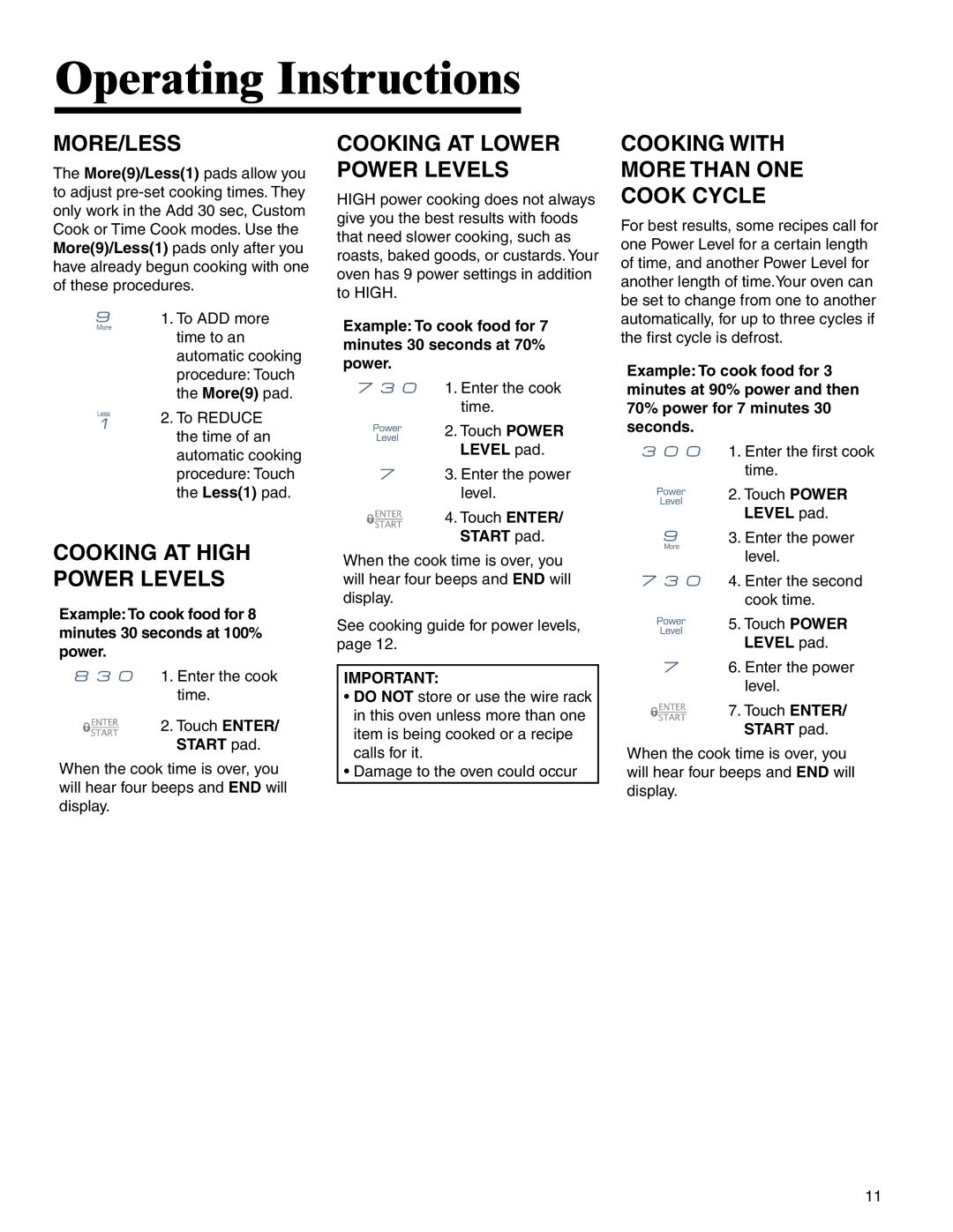 Maytag MMV4205BA important safety instructions More/Less, Cooking AT High Power Levels, Cooking AT Lower Power Levels 