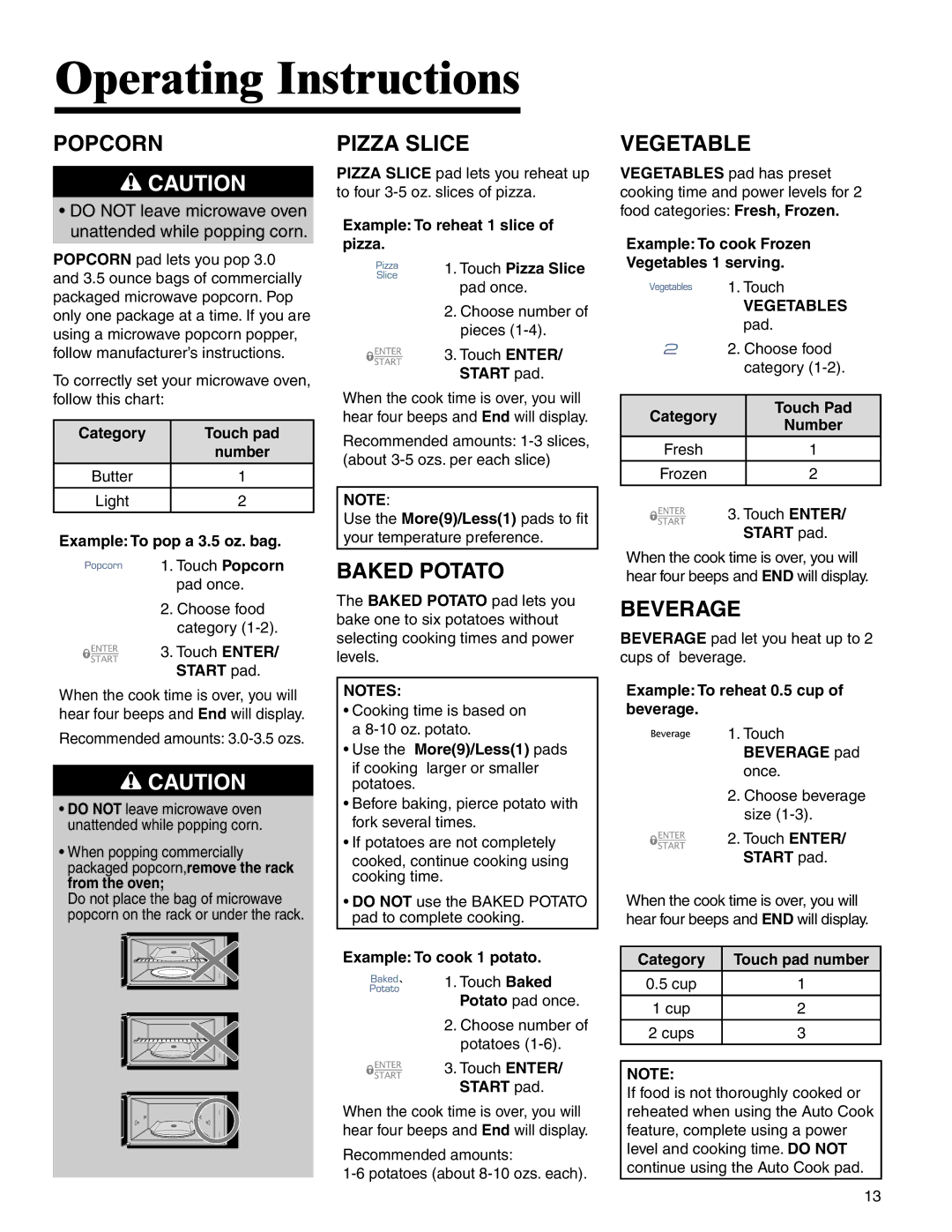 Maytag MMV4205BA important safety instructions Popcorn, Pizza Slice, Baked Potato, Vegetable, Beverage 