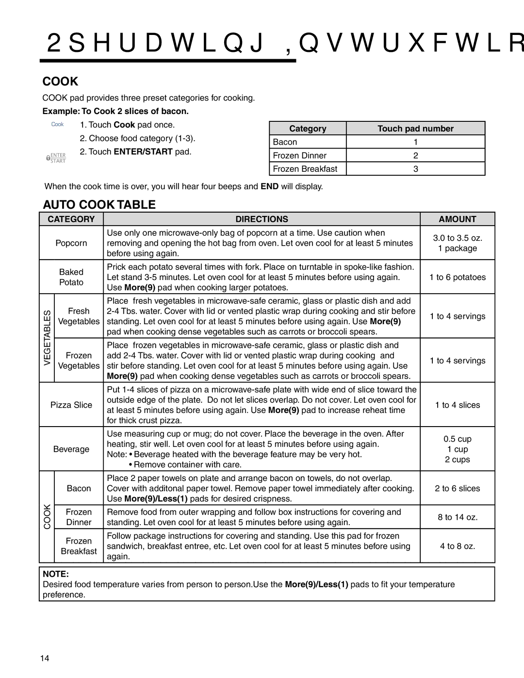 Maytag MMV4205BA Auto Cook Table, Example To Cook 2 slices of bacon, Category, Directions Amount 