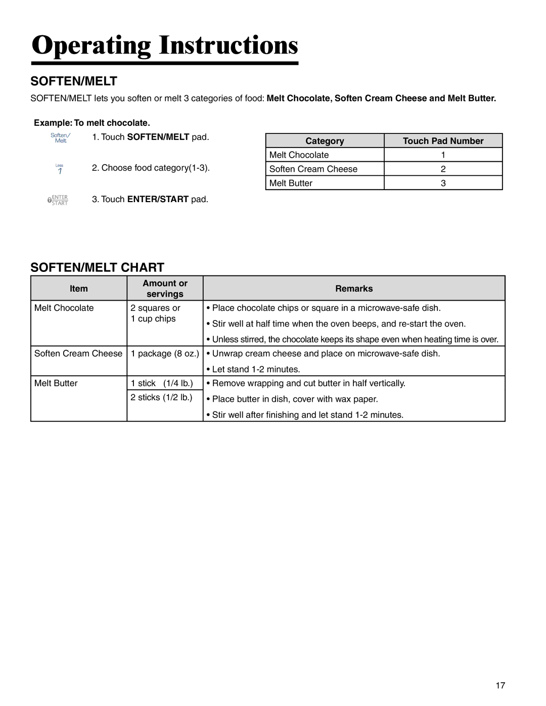 Maytag MMV4205BA Soften/Melt, SOFTEN/MELT Chart, Example To melt chocolate, Melt Chocolate Soften Cream Cheese Melt Butter 