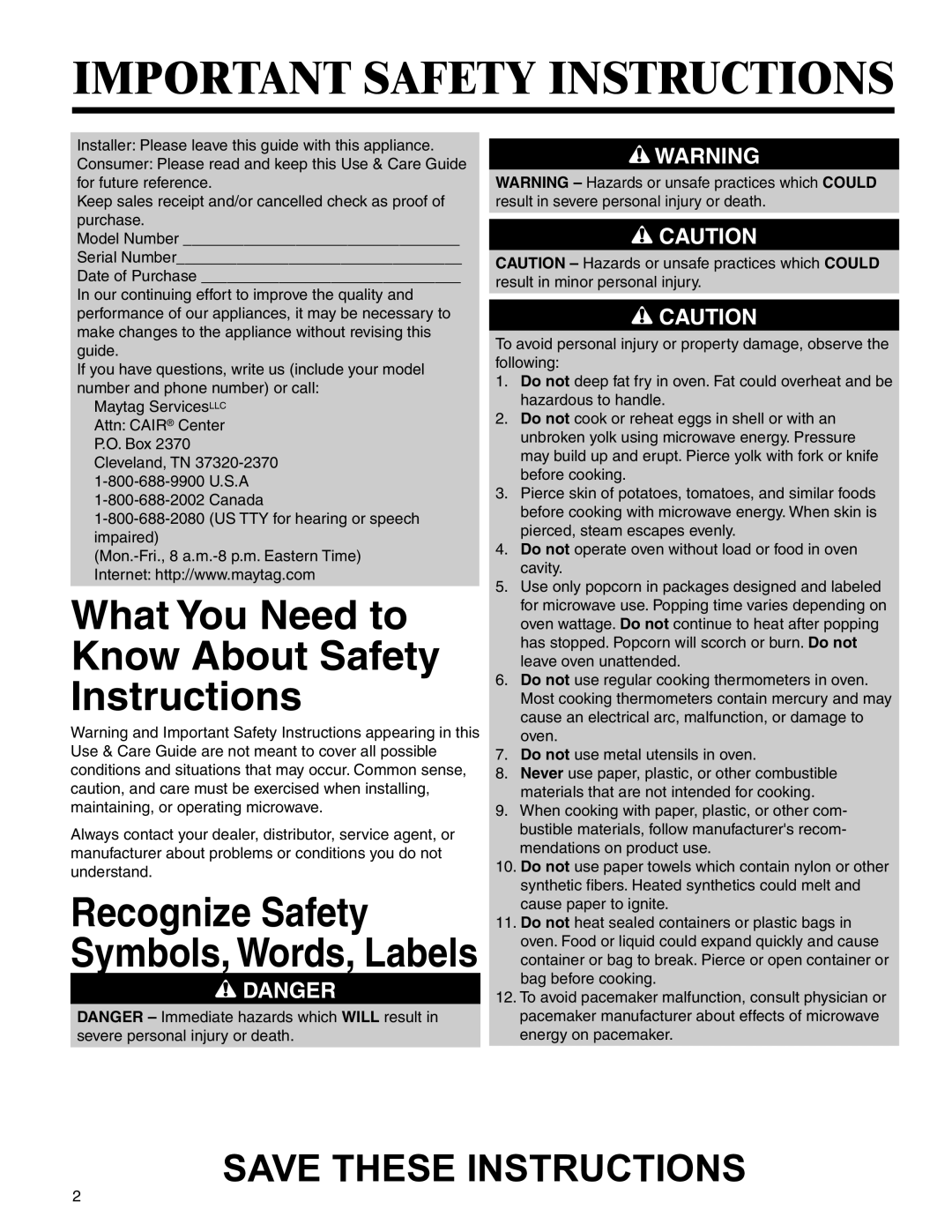 Maytag MMV4205BA important safety instructions Important Safety Instructions 