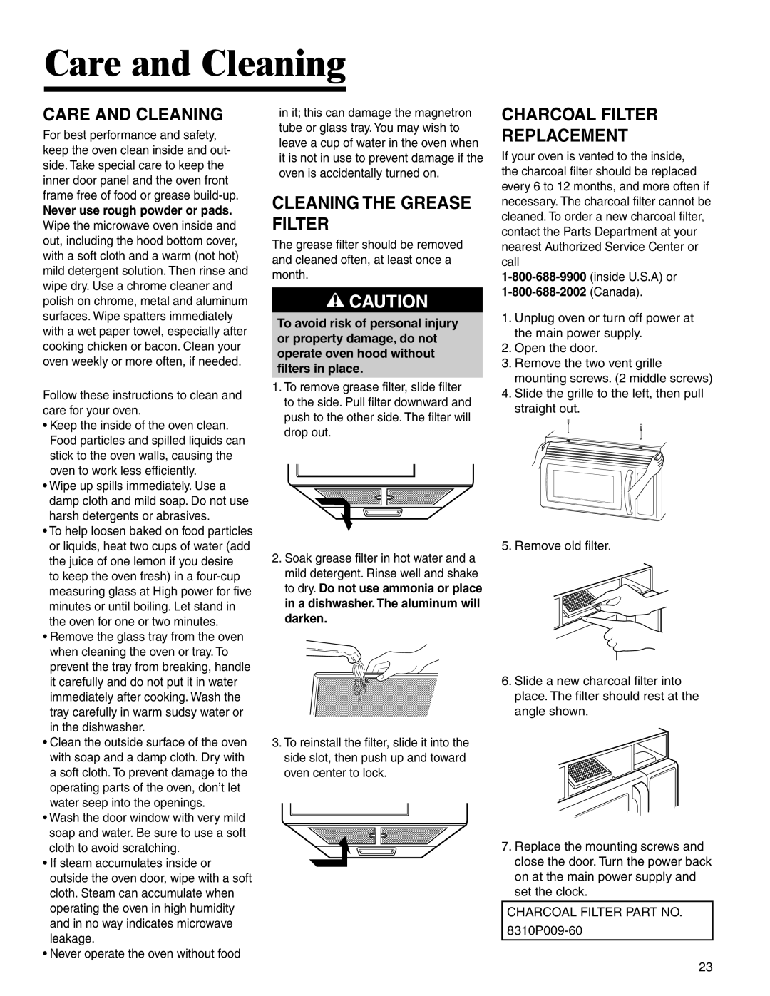 Maytag MMV4205BA important safety instructions Care and Cleaning, Cleaning the Grease Filter, Charcoal Filter Replacement 