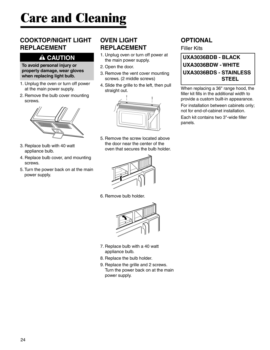 Maytag MMV4205BA important safety instructions COOKTOP/NIGHT Light Replacement, Oven Light Replacement, Optional 