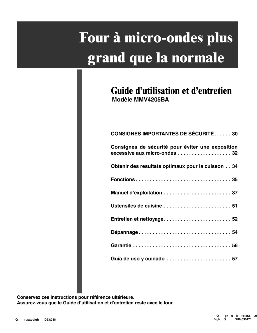 Maytag MMV4205BA important safety instructions Four à micro-ondes plus Grand que la normale 