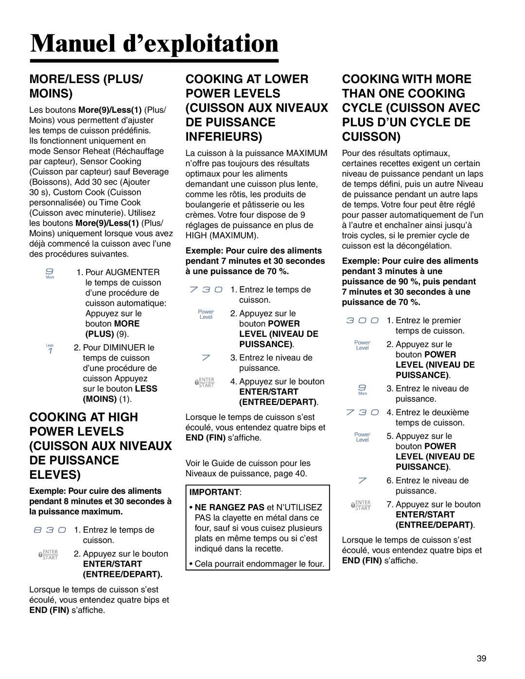 Maytag MMV4205BA important safety instructions MORE/LESS Plus Moins, Enter/Start Entree/Depart, Level Niveau DE Puissance 