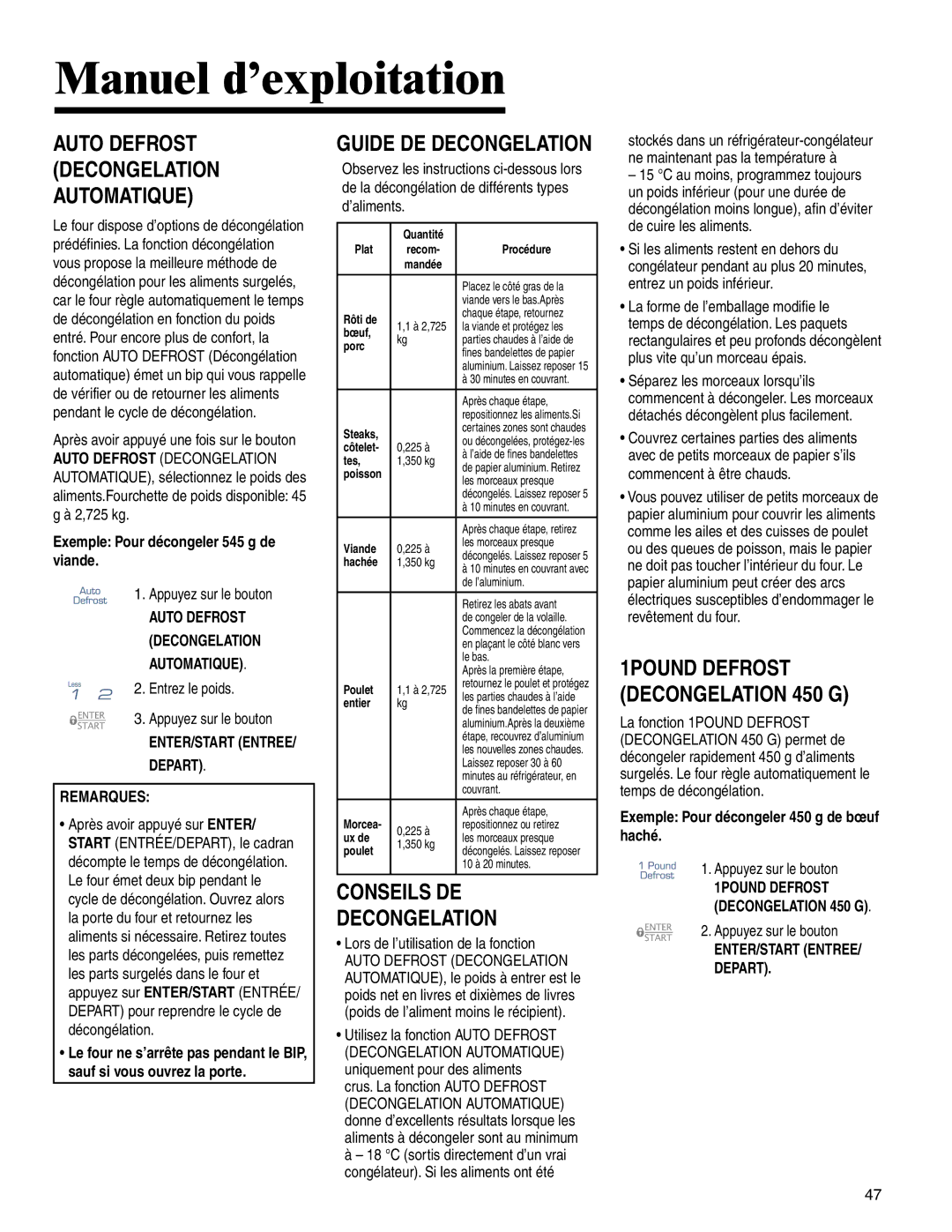 Maytag MMV4205BA Conseils DE Decongelation, Exemple Pour décongeler 545 g de viande, ENTER/START Entree Depart Remarques 