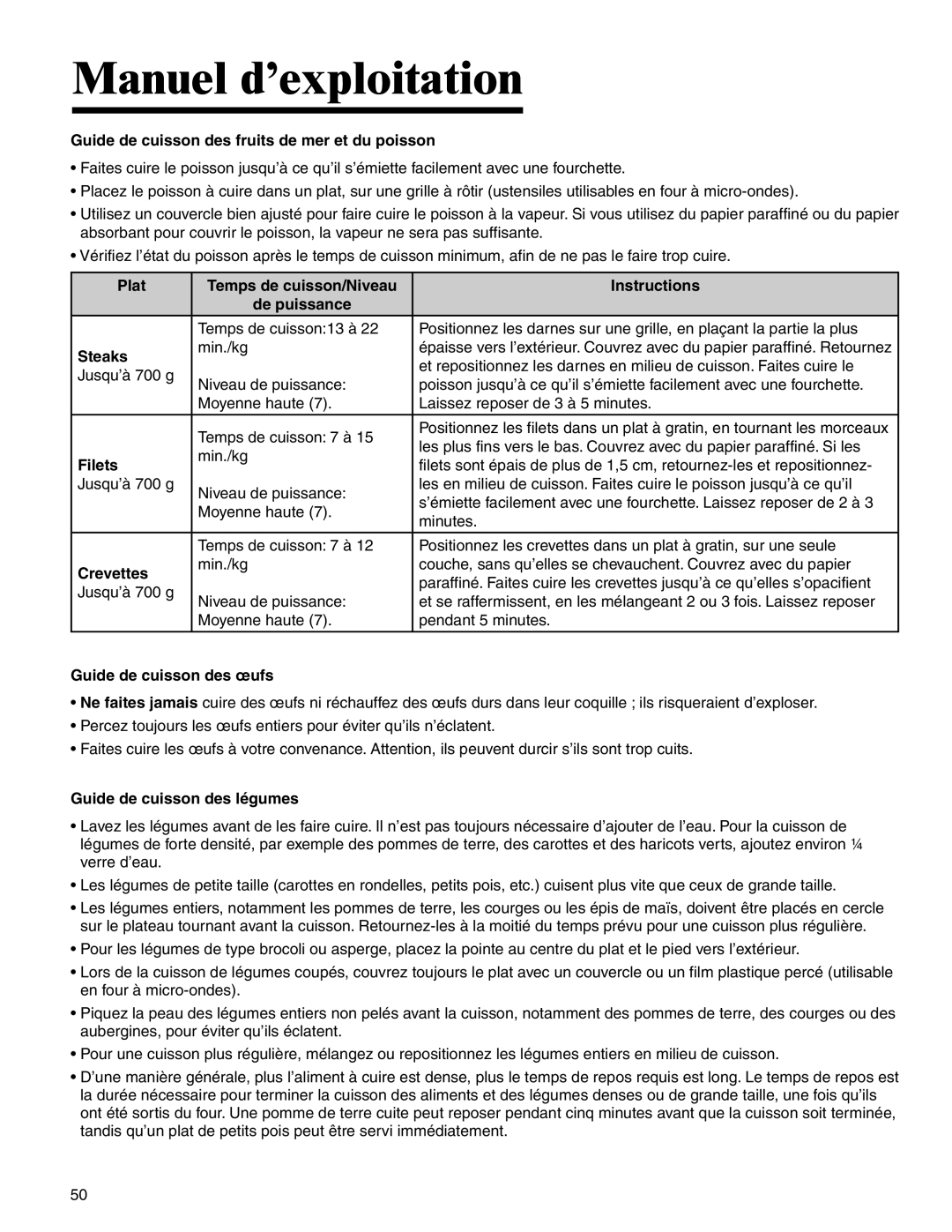 Maytag MMV4205BA Guide de cuisson des fruits de mer et du poisson, Plat Temps de cuisson/Niveau Instructions De puissance 