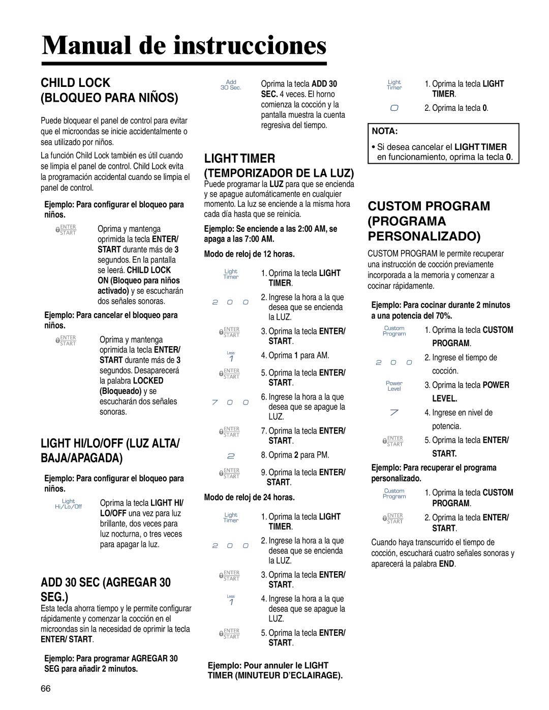 Maytag MMV4205BA important safety instructions ADD 30 SEC Agregar 30 SEG, ENTER/ Start, Level 