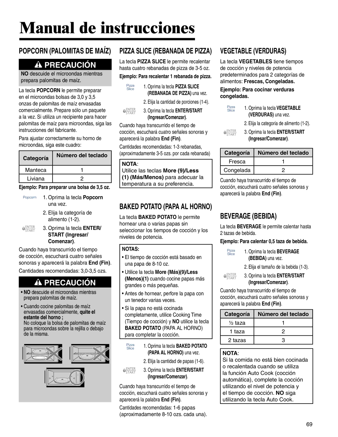 Maytag MMV4205BA important safety instructions Vegetable Verduras, Beverage Bebida 