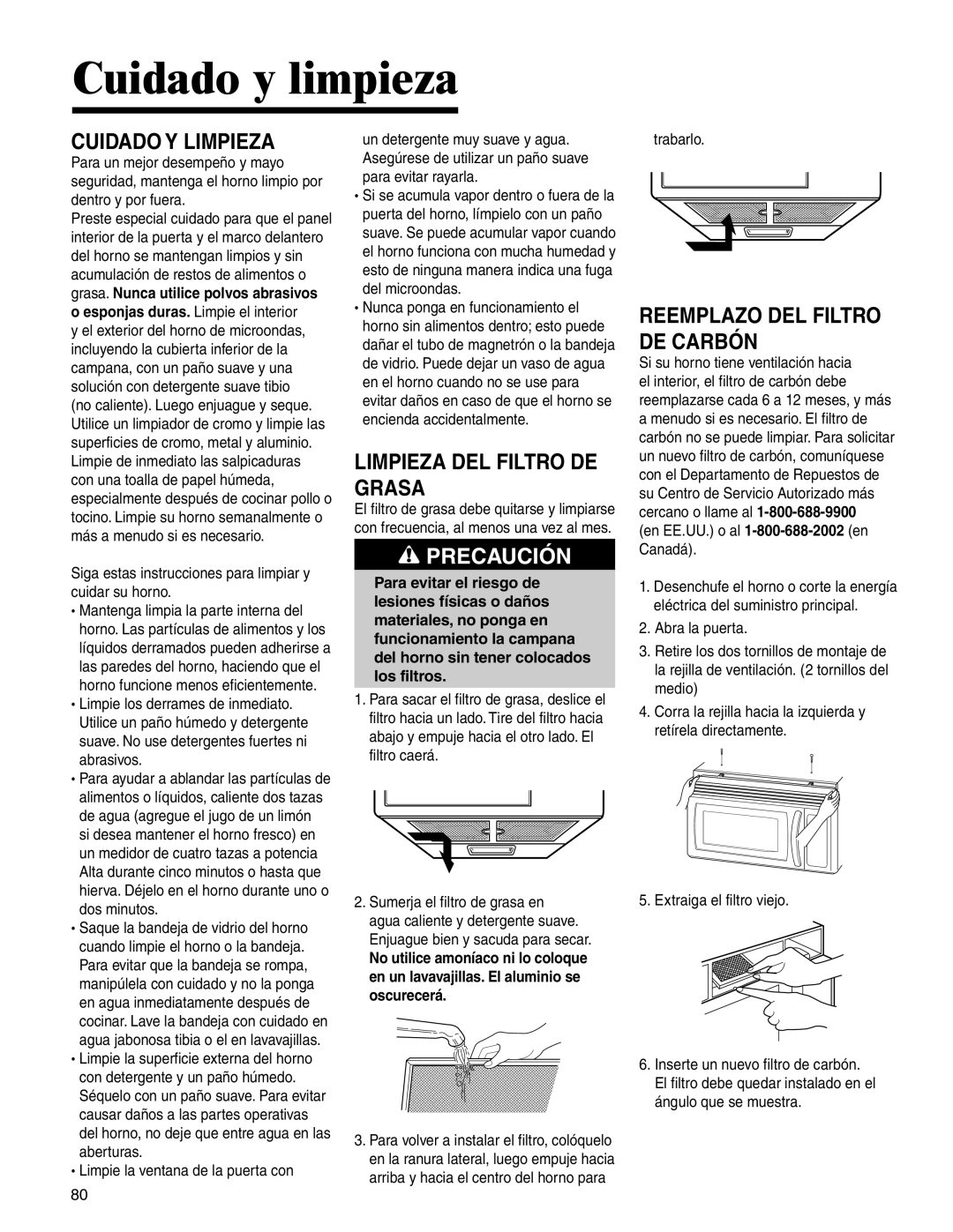 Maytag MMV4205BA Cuidado y limpieza, Cuidado Y Limpieza, Limpieza DEL Filtro DE Grasa, Reemplazo DEL Filtro DE Carbón 