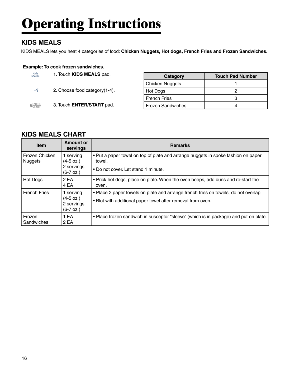 Maytag MMV4205BA Operating Instructions, Kids Meals Chart, Example: To cook frozen sandwiches, Category, Item, Remarks 