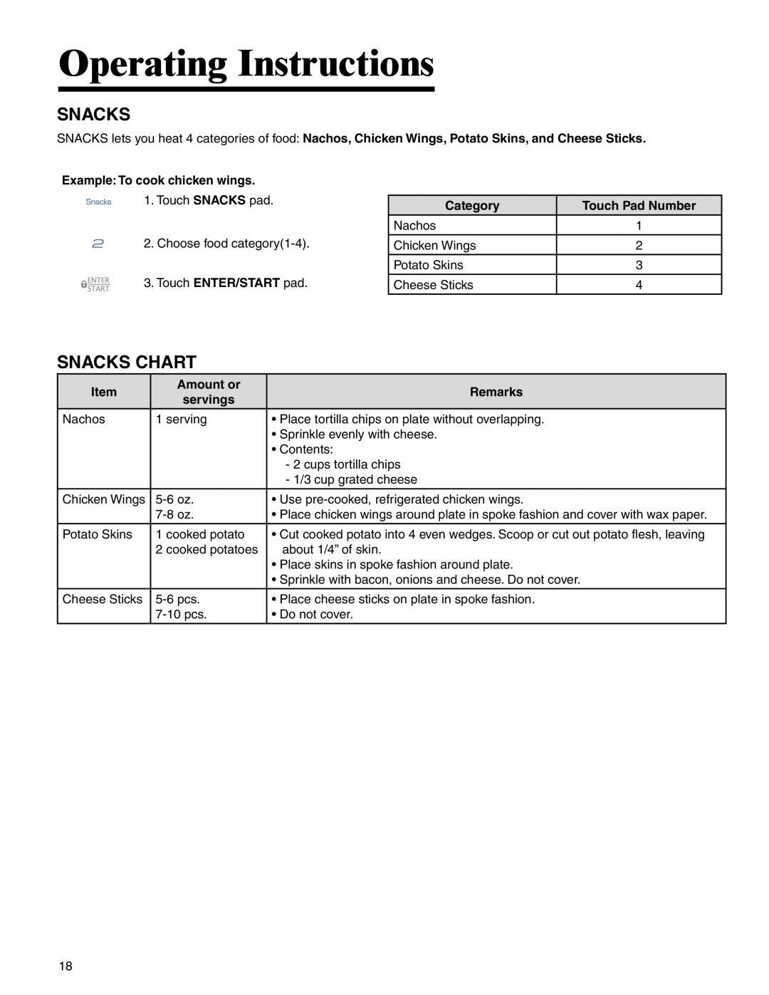 Maytag MMV4205BA Operating Instructions, Snacks Chart, Example: To cook chicken wings, Category, Touch Pad Number 