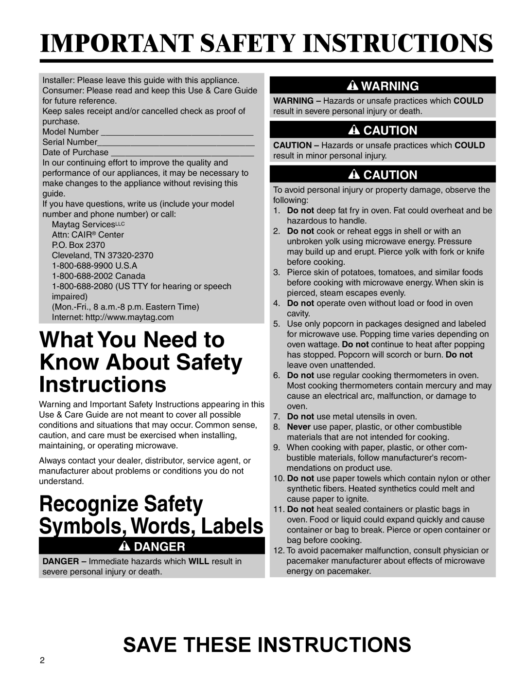 Maytag MMV4205BA Important Safety Instructions, What You Need to Know About Safety Instructions, Save These Instructions 