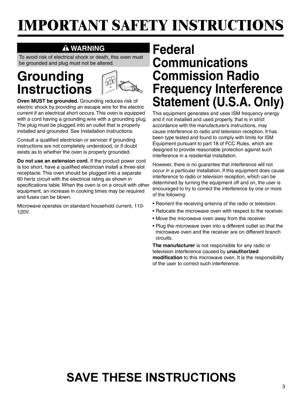 Maytag MMV4205BA Grounding Instructions, Federal Communications Commission Radio, Important Safety Instructions 