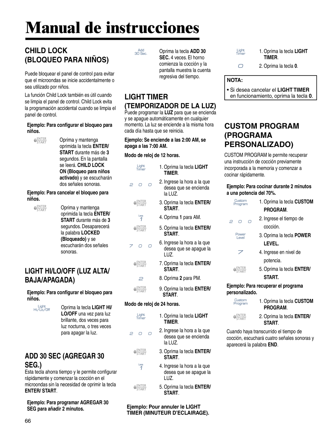 Maytag MMV4205BA Manual de instrucciones, Light Hi/Lo/Off Luz Alta/ Baja/Apagada, Custom Program Programa Personalizado 