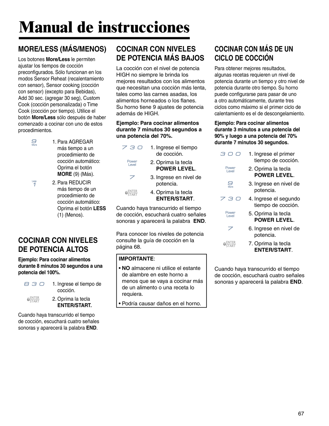 Maytag MMV4205BA Manual de instrucciones, More/Less Más/Menos, Cocinar Con Niveles De Potencia Altos 