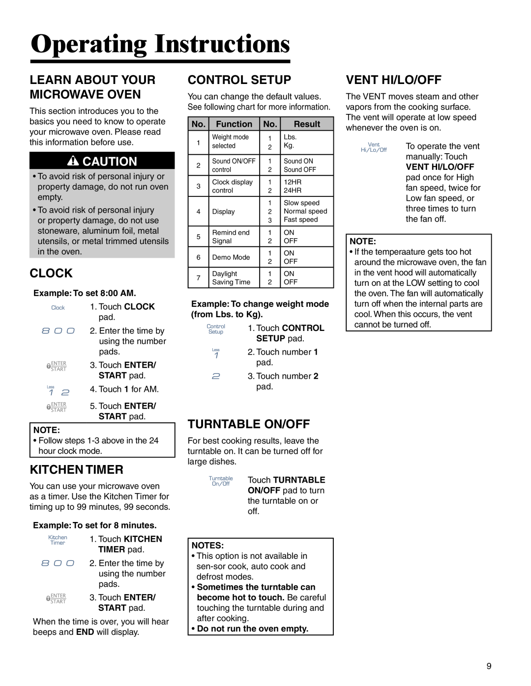 Maytag MMV4205BA Operating Instructions, Learn About Your Microwave Oven, Clock, Kitchen Timer, Control Setup 