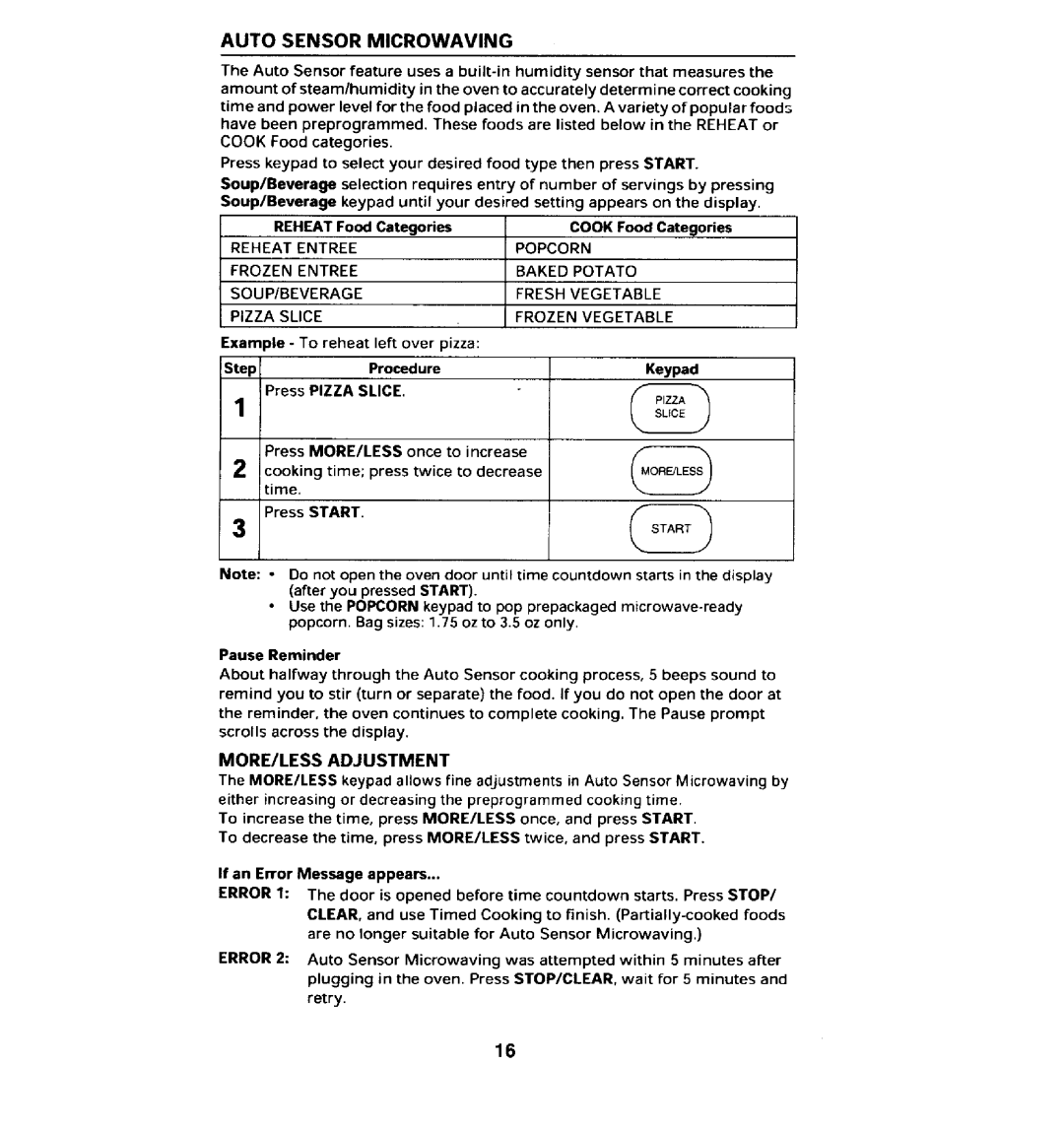 Maytag MMV5100AA manual Auto Sensor Microwaving, MORE/LESS Adjustment 