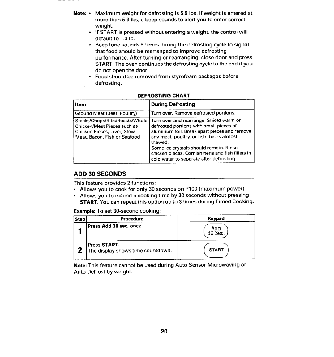 Maytag MMV5100AA manual ADD 30 Seconds, Defrosting Chart, Tar 