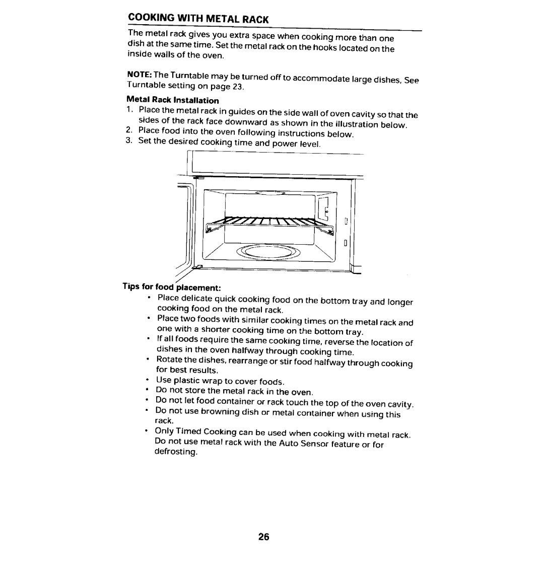 Maytag MMV5100AA manual Cooking with Metal Rack, Metal Rack Installation, Tips for food placement 