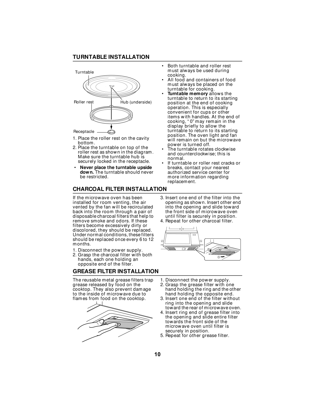 Maytag MMV5100AA manual Turntable Installation, Charcoal Filter Installation, Grease Filter Installation 