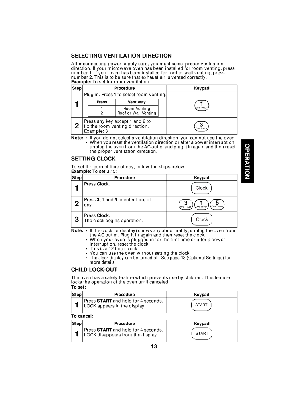 Maytag MMV5100AA manual Selecting Ventilation Direction, Setting Clock, Child LOCK-OUT 