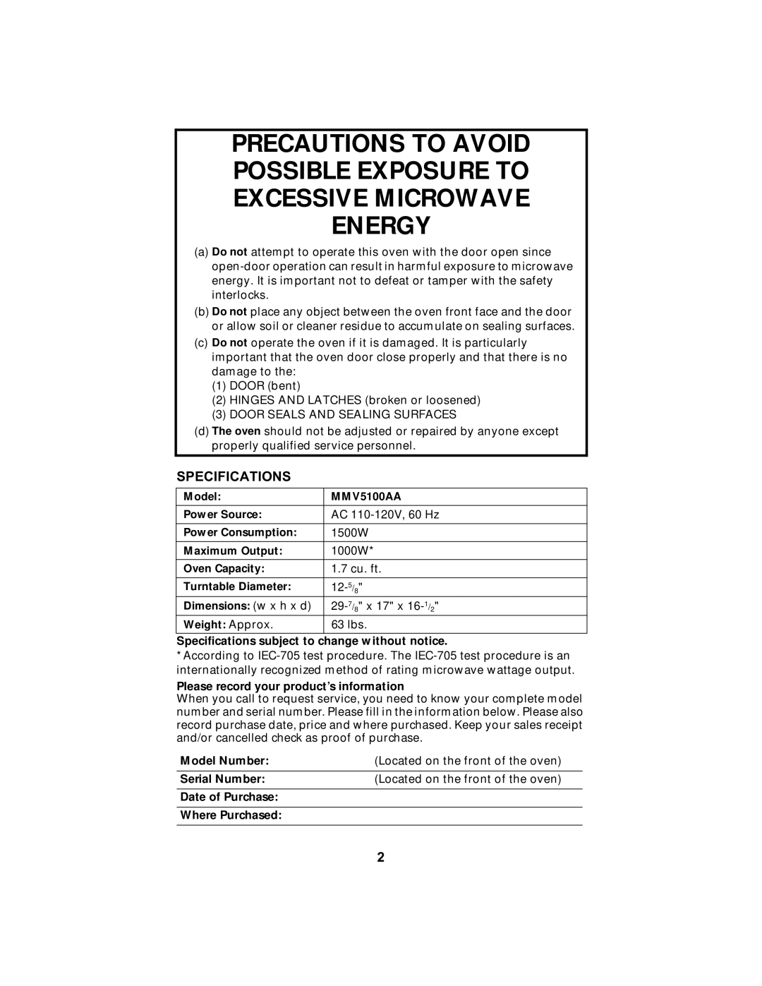 Maytag MMV5100AA manual Specifications 