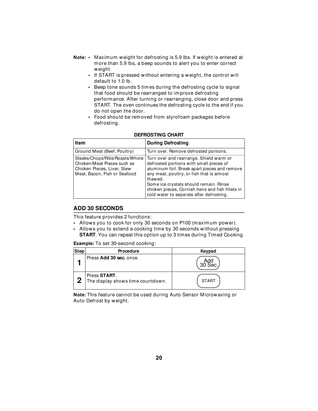 Maytag MMV5100AA manual ADD 30 Seconds, Defrosting Chart, During Defrosting, Press Add 30 sec. once 