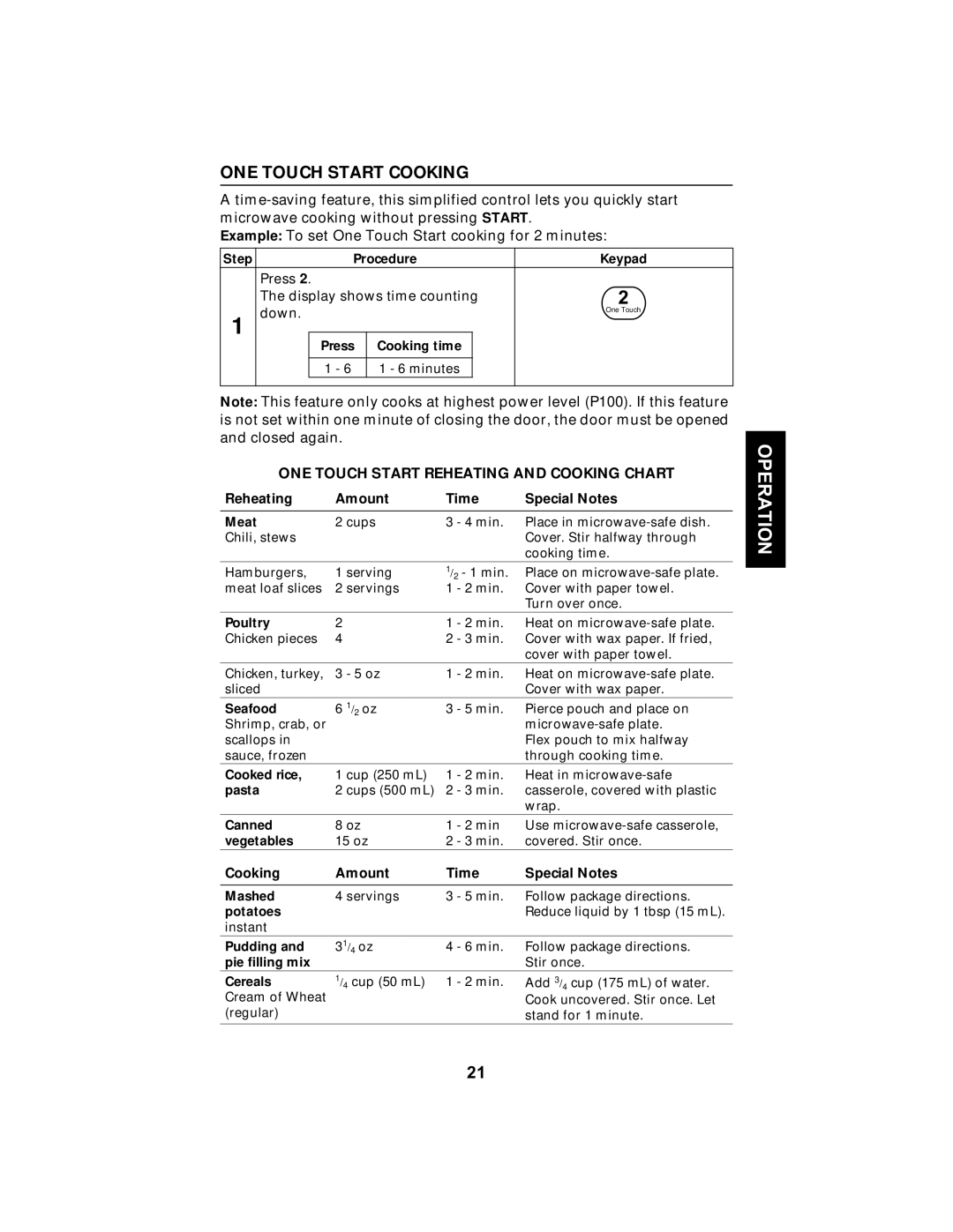 Maytag MMV5100AA ONE Touch Start Cooking, ONE Touch Start Reheating and Cooking Chart, Reheating Amount Time Special Notes 