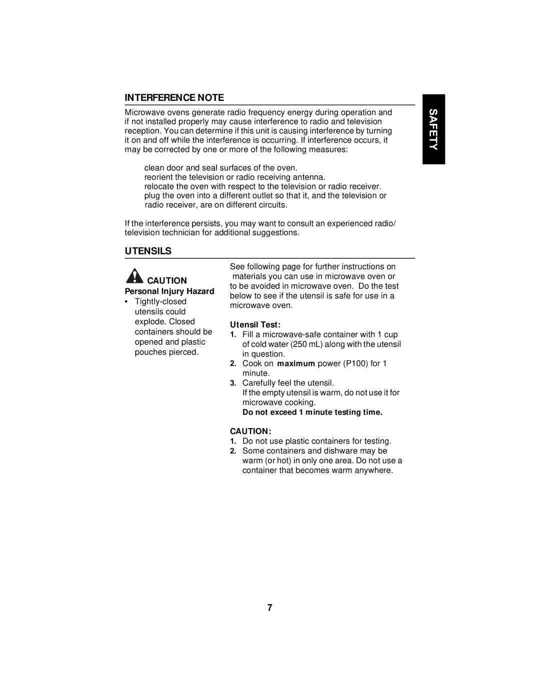 Maytag MMV5100AA Interference Note, Utensils, Personal Injury Hazard, Utensil Test, Do not exceed 1 minute testing time 