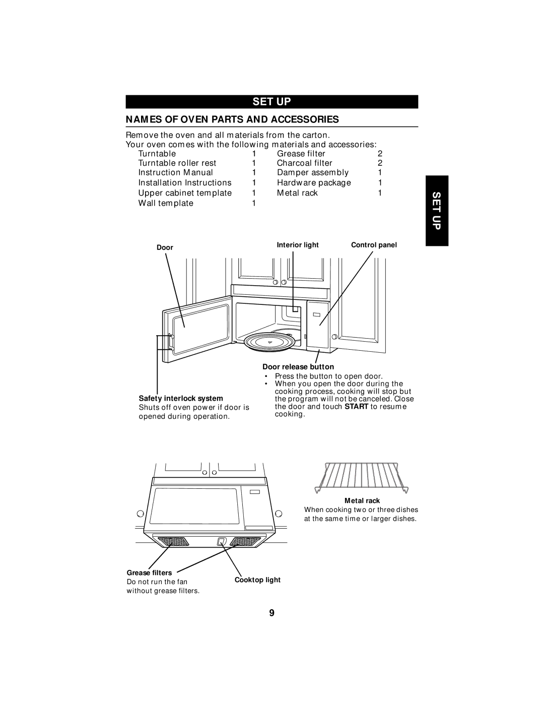 Maytag MMV5100AA manual Set Up, Names of Oven Parts and Accessories 