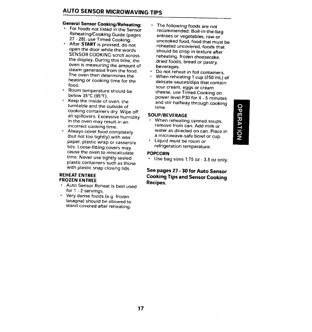 Maytag MMV5100AA Auto Sensor Microwaving Tips, Reheat Entree Frozen Entree, Popcorn, See pages 27 - 30 for Auto Sensor 