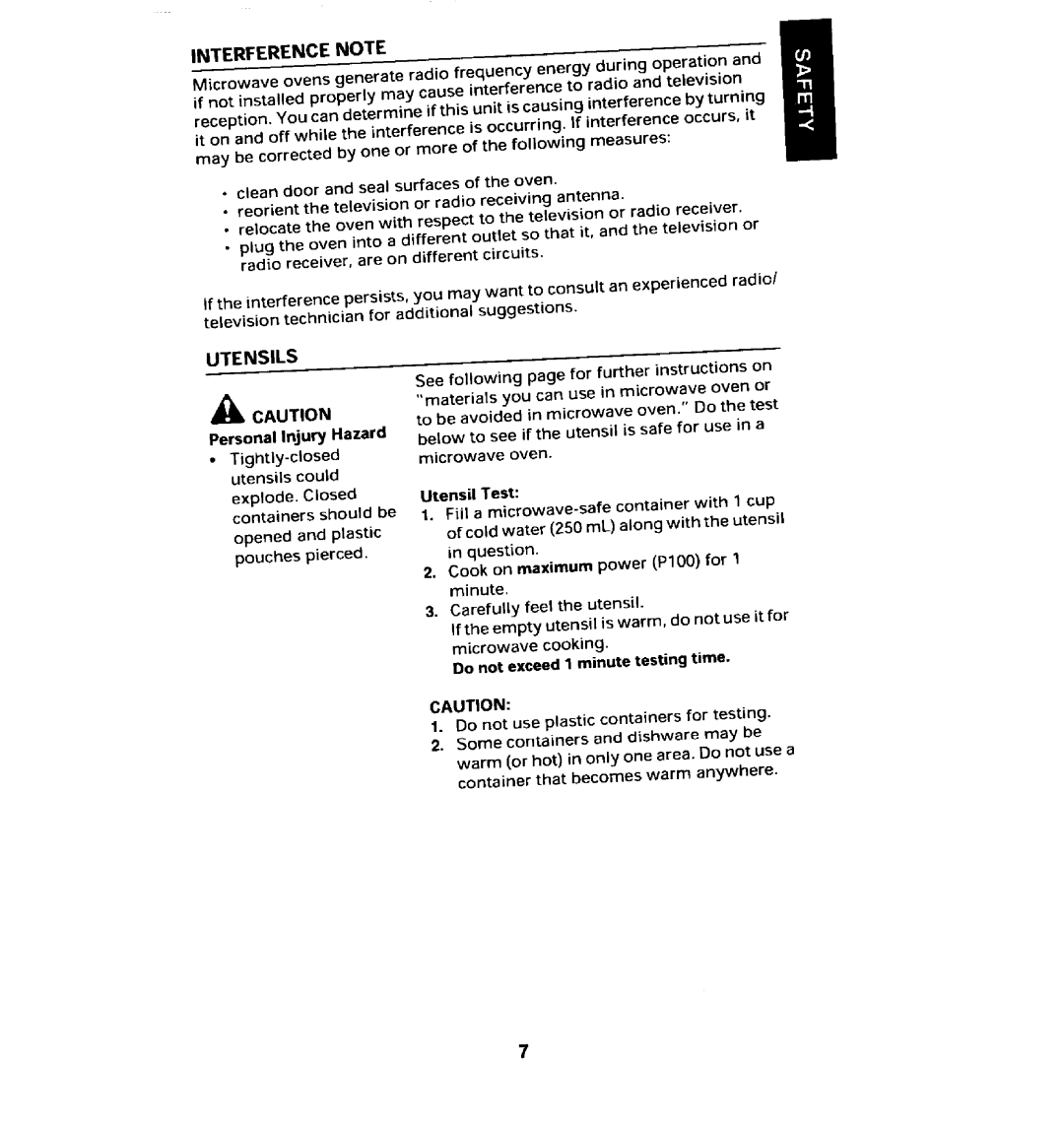 Maytag MMV5100AA manual Interference Note, UTENSILS ACAUTION Personal Injury Hazard, Utensil Test 