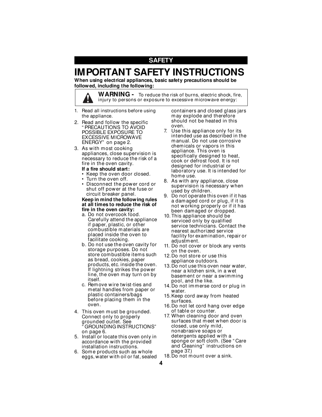 Maytag MMV5100AA manual If a fire should start, Important Safety Instructions 