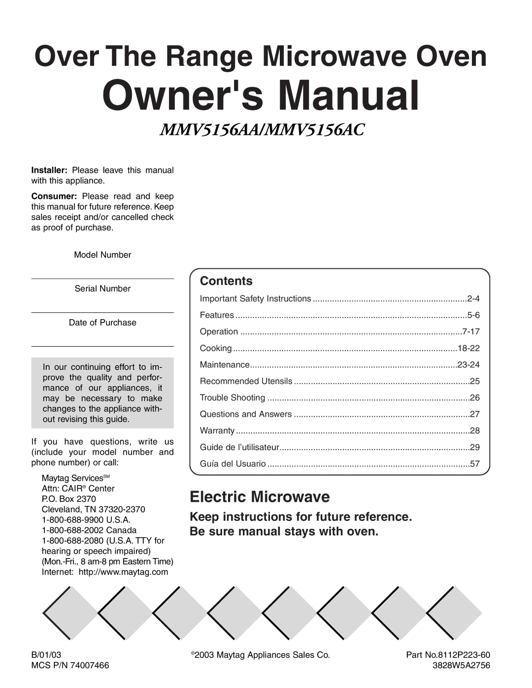 Maytag MMV51566AA/MMV5156AC owner manual Over The Range Microwave Oven, Contents 